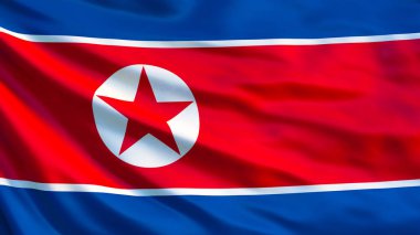 Kuzey Kore bayrağı. Kuzey Kore bayrağı sallayarak 3d çizim. Pyongyang