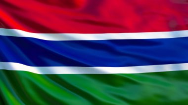 Gambiya bayrak. Gambiya Cumhuriyeti bayrağı sallayarak 3d çizim. Banjul