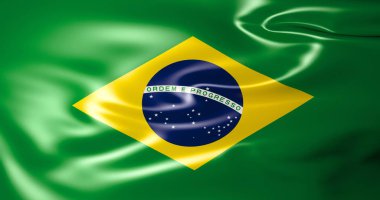 Brasil bayrak rüzgar. Brezilya bayrağı sallayarak. 3D çizim. 4k