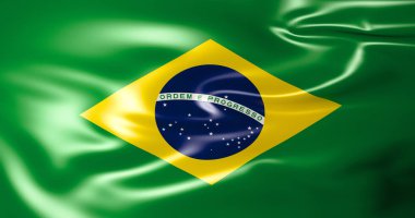 Brasil bayrak rüzgar. Brezilya bayrağı sallayarak. 3D çizim. 4k