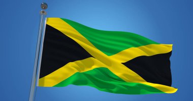 Rüzgara karşı açık mavi gökyüzü, 3d çizim Jamaika bayrağı