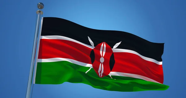 Bandiera del Kenya nel vento contro il cielo blu chiaro, illustrazione 3d — Foto Stock