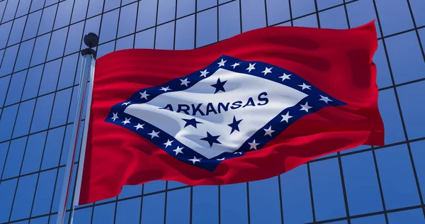 Arkansas staat vlag op skyscraper gebouw achtergrond. 3D illust — Stockfoto