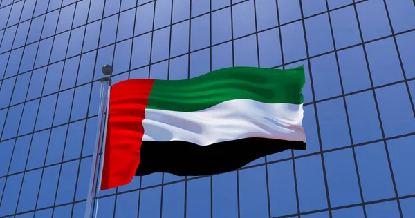 Egyesült Arab Emírségek zászló a felhőkarcoló épület háttérben. 3d — Stock Fotó