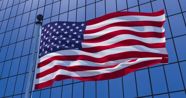 Bandeira dos Estados Unidos da América no fundo do edifício arranha-céus — Fotografia de Stock