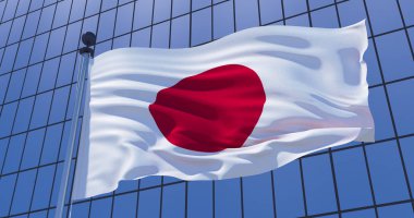 Gökdelen Bina arka planda Japon bayrağı. İş cONCEP
