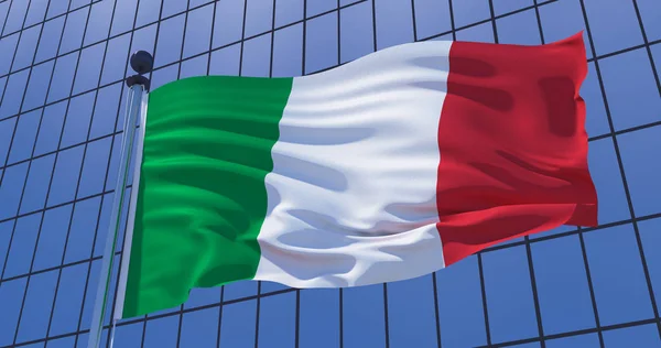 Flag of Italy on skyscraper building background. Business concep — Stock Photo, Image