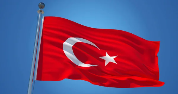 土耳其旗子在风反对晴朗的蓝天, 3d 例证 — 图库照片