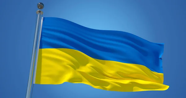 Bandeira da Ucrânia no vento contra céu azul claro, ilustração 3d — Fotografia de Stock