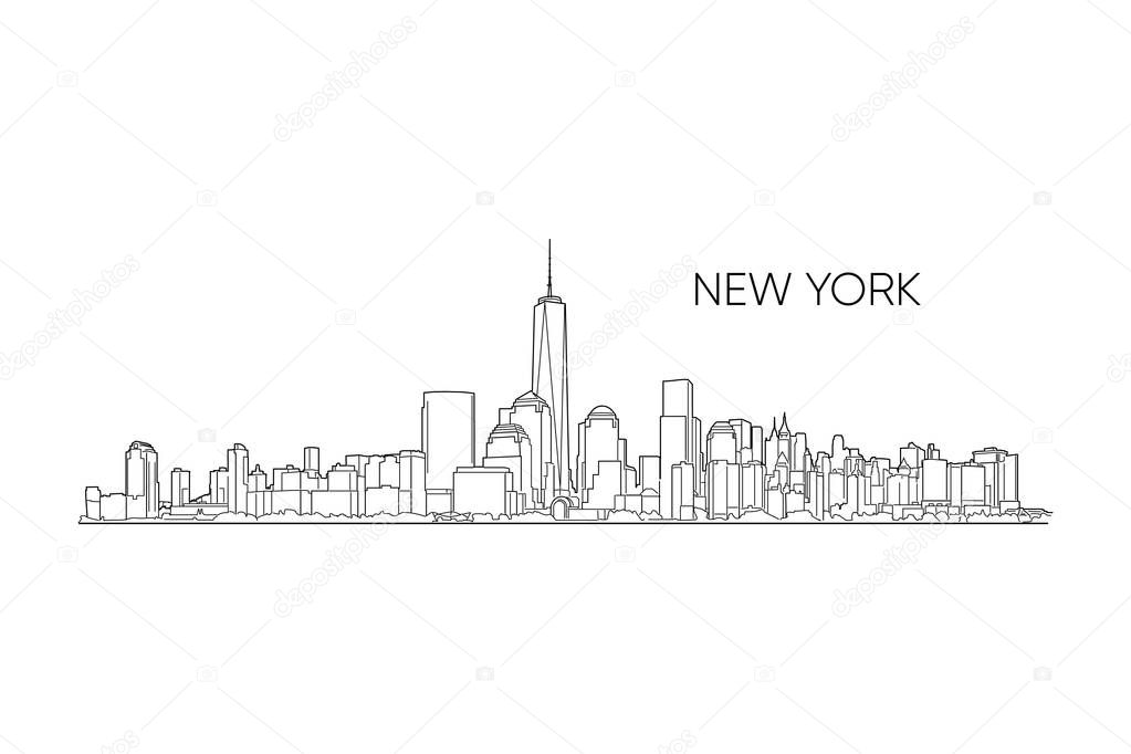 New York vector panorama, hand drawn line art illustration.