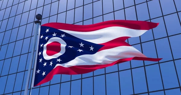 Ohio flag on skyscraper building background. 3d illustration