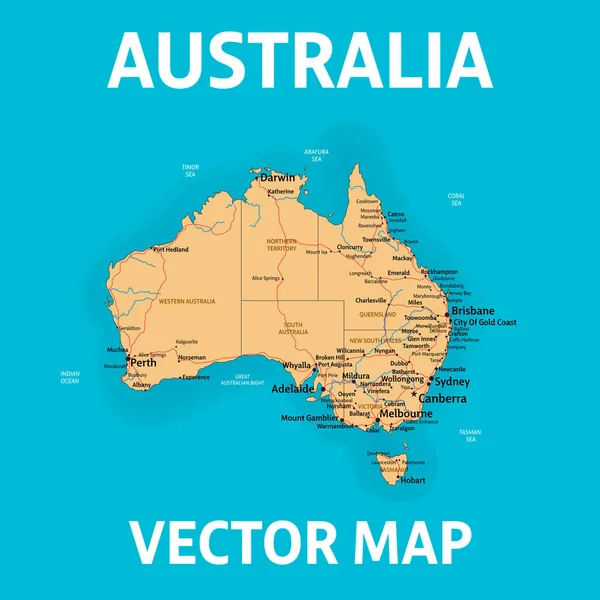 Vector kaart van Australië met Staten, steden, rivieren en zeeën op — Stockvector