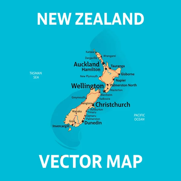 Vector kaart van Nieuw-Zeeland met steden, rivieren en wegen op separ — Stockvector