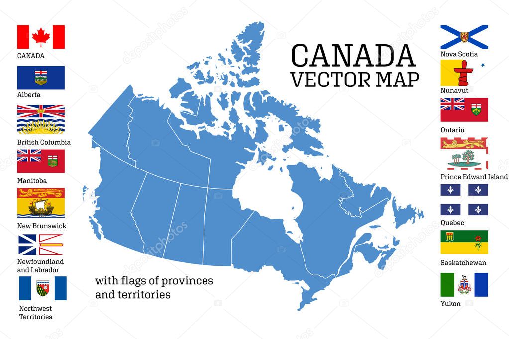 Canada map with flags of provinces and territories. Vector illus