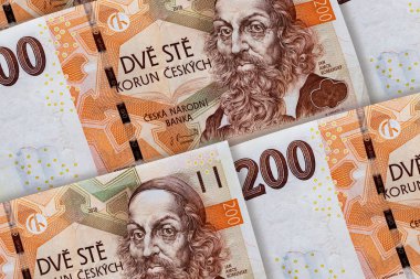  Çek Cumhuriyeti'nin parası. Çek Koruna arka plan banknoted. 200