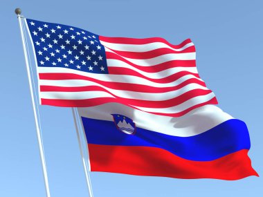 Mavi gökyüzünde ABD ve Slovenya 'nın iki bayrağı sallanıyor. Yüksek kaliteli bir iş geçmişi var. 3d illüstrasyon