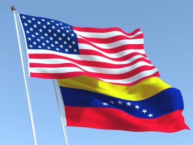 Mavi gökyüzünde Birleşik Devletler ve Venezuela 'nın iki bayrağı sallanıyor. Yüksek kaliteli bir iş geçmişi var. 3d illüstrasyon