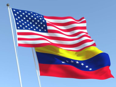 Two waving state flags of United States and Venezuela on the blue sky. High - quality business background. 3d illustration clipart