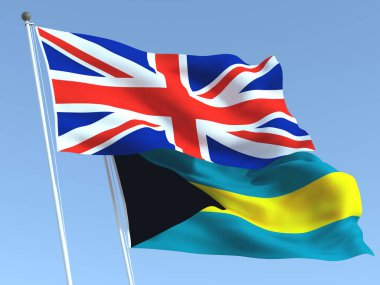 Mavi gökyüzünde Birleşik Krallık ve Bahamalar 'ın iki bayrağı sallanıyor. Yüksek kaliteli bir iş geçmişi var. 3d illüstrasyon