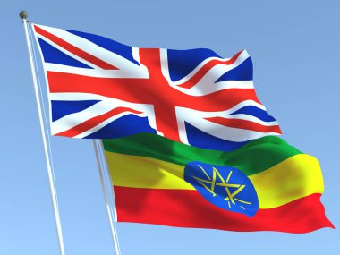 Mavi gökyüzünde Birleşik Krallık ve Etiyopya 'nın iki bayrağı sallanıyor. Yüksek kaliteli bir iş geçmişi var. 3d illüstrasyon