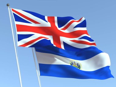 Mavi gökyüzünde Birleşik Krallık ve El Salvador 'un iki bayrağı sallanıyor. Yüksek kaliteli bir iş geçmişi var. 3d illüstrasyon