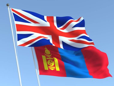 Mavi gökyüzünde iki Birleşik Krallık ve Moğolistan bayrağı sallıyor. Yüksek kaliteli bir iş geçmişi var. 3d illüstrasyon