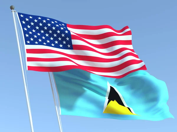 Two Waving State Flags United States Saint Lucia Blue Sky — Stock Photo, Image