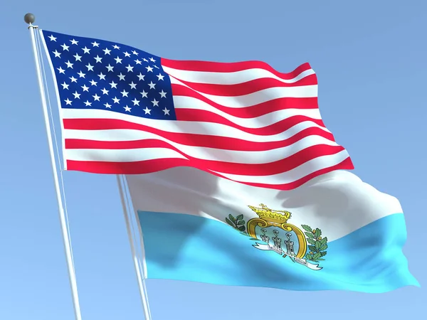 Dos Banderas Estatales Ondeando Estados Unidos San Marino Cielo Azul — Foto de Stock