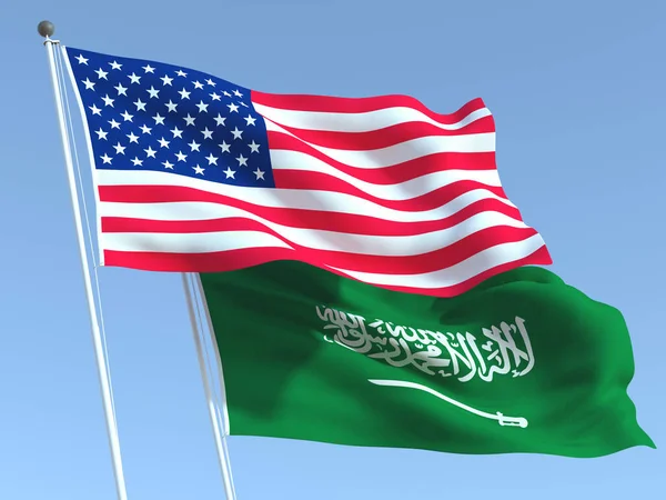 Dos Banderas Estatales Ondeando Estados Unidos Arabia Saudita Cielo Azul — Foto de Stock