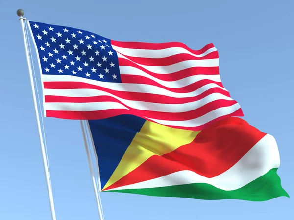 Dos Banderas Estatales Ondeando Estados Unidos Seychelles Cielo Azul Fondo — Foto de Stock