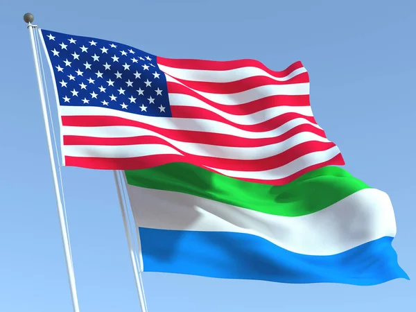 Viftende Delstatsflagg Til Usa Sierra Leone Den Blå Himmelen Forretningsbakgrunn – stockfoto