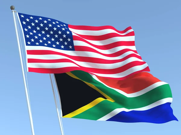 Viftende Delstatsflagg Usa Sør Afrika Den Blå Himmelen Forretningsbakgrunn Høy – stockfoto