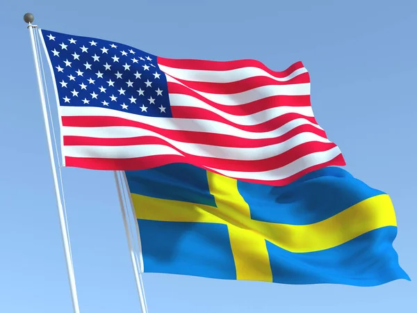 Dvě Vlající Vlajky Spojených Států Švédska Modré Obloze Vysoce Kvalitní — Stock fotografie