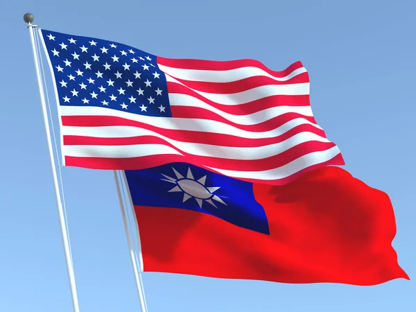 Zwei Schwenkende Flaggen Der Vereinigten Staaten Und Taiwans Blauen Himmel — Stockfoto