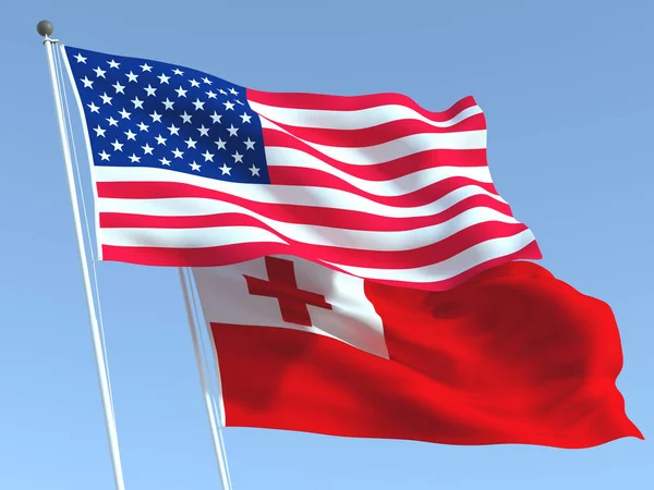 Két Zászlót Lobogtat Egyesült Államok Tonga Kék Égen Kiváló Minőségi — Stock Fotó