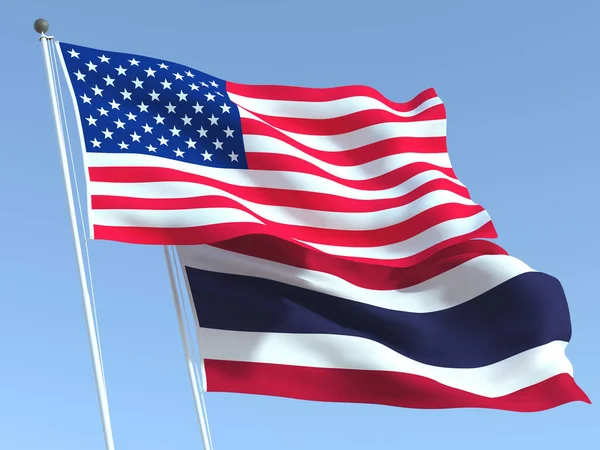 Duas Bandeiras Estados Unidos Tailândia Acenando Céu Azul Alta Fundo — Fotografia de Stock
