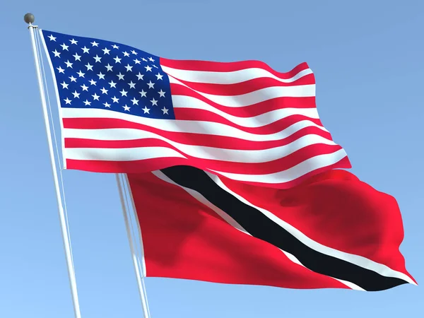 Δύο Κυματιστές Σημαίες Των Ηνωμένων Πολιτειών Και Του Τρινιντάντ Και — Φωτογραφία Αρχείου