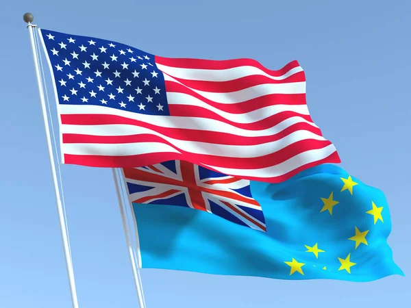 Dos Banderas Estatales Ondeando Estados Unidos Tuvalu Cielo Azul Fondo — Foto de Stock