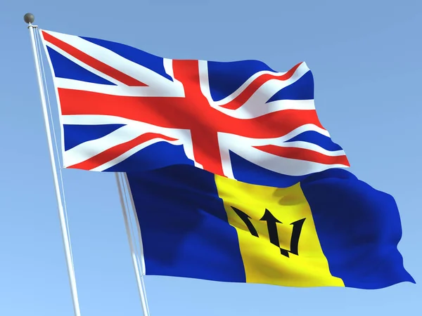 Två Viftande Statliga Flaggor Storbritannien Och Barbados Den Blå Himlen — Stockfoto