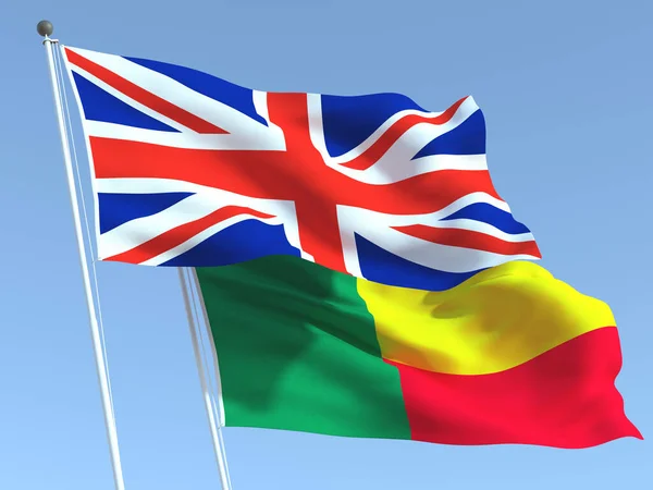 stock image Two waving state flags of United Kingdom and Benin on the blue sky. High - quality business background. 3d illustration