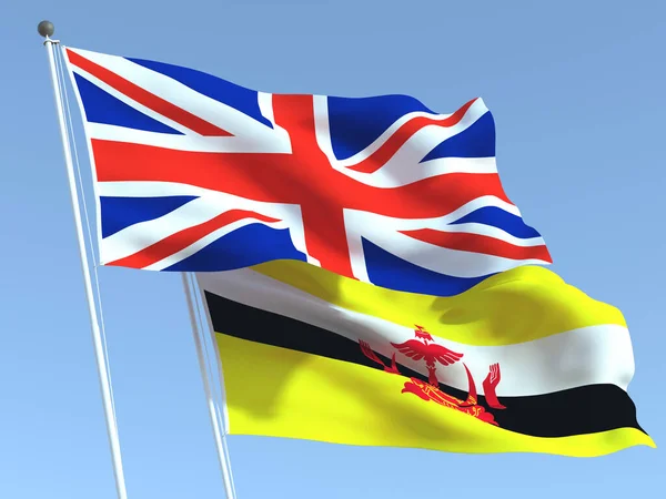 Duas Bandeiras Estaduais Acenando Reino Unido Brunei Céu Azul Alta — Fotografia de Stock