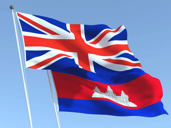 Dvě Vlající Vlajky Spojeného Království Kambodže Modré Obloze Vysoce Kvalitní — Stock fotografie