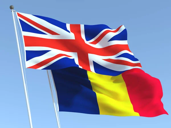 蓝天上飘扬着英国和乍得两国的国旗 高质量的商业背景 3D说明 — 图库照片