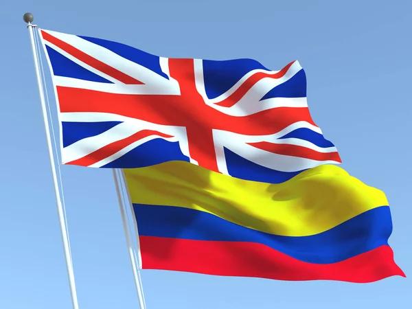 Dvě Vlající Vlajky Spojeného Království Kolumbie Modré Obloze Vysoce Kvalitní — Stock fotografie