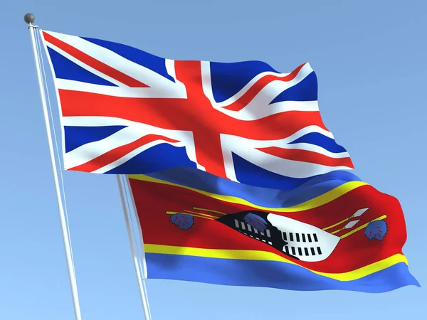 Dvě Vlající Vlajky Spojeného Království Eswatini Modré Obloze Vysoce Kvalitní — Stock fotografie