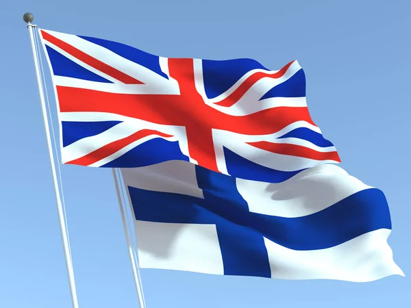 Duas Bandeiras Reino Unido Finlândia Acenando Céu Azul Alta Fundo — Fotografia de Stock