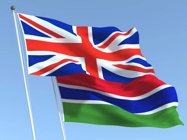 Duas Bandeiras Reino Unido Gâmbia Acenando Céu Azul Alta Fundo — Fotografia de Stock