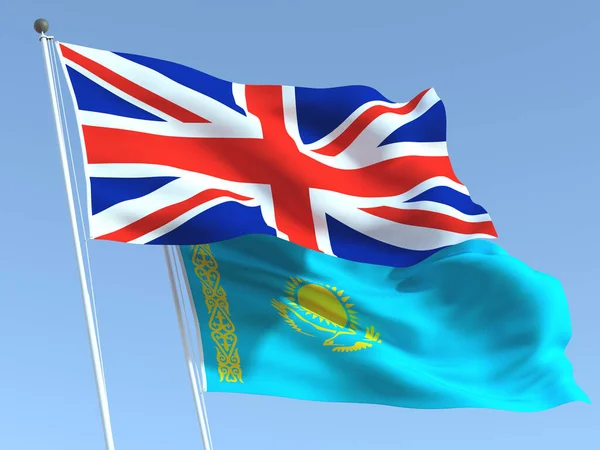 Två Viftande Statliga Flaggor Storbritannien Och Kazakstan Den Blå Himlen — Stockfoto