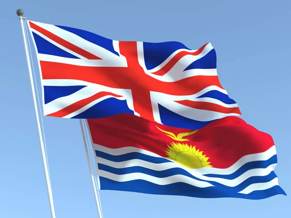 Två Viftande Statliga Flaggor Storbritannien Och Kiribati Den Blå Himlen — Stockfoto