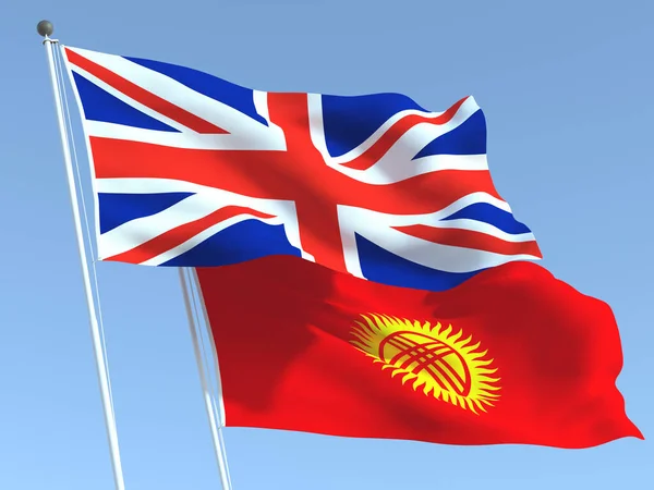 Two Waving State Flags United Kingdom Kyrgyzstan Blue Sky High — Stock Photo, Image